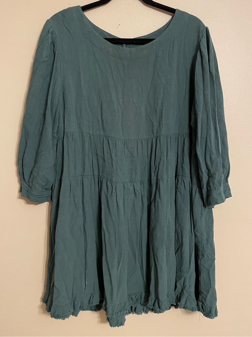 Umgee USA Tiered Mini Dress Teal Green Linen Cotton Boho Raw Hem size medium